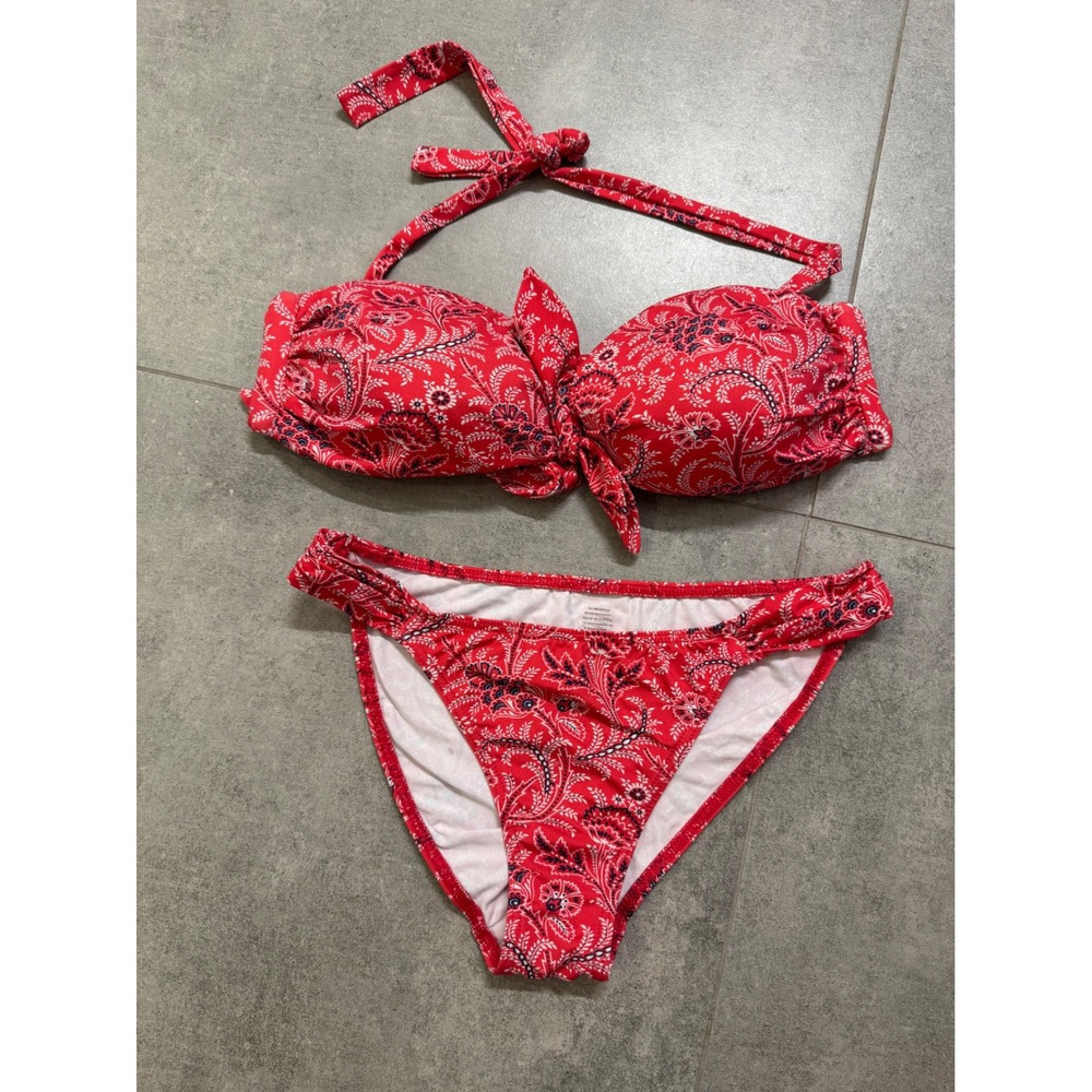 Kiwi Saint-Tropez Red Paisley Floral Bikini Set Size 10 Halter Bandeau